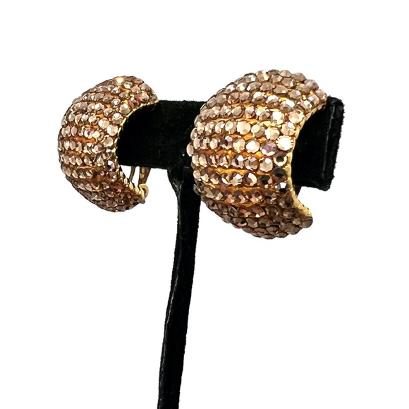 Retro 80 VINTAGE BRONZE CRYSTAL DOMED 80s STYLE CLIP ON EARRINGS